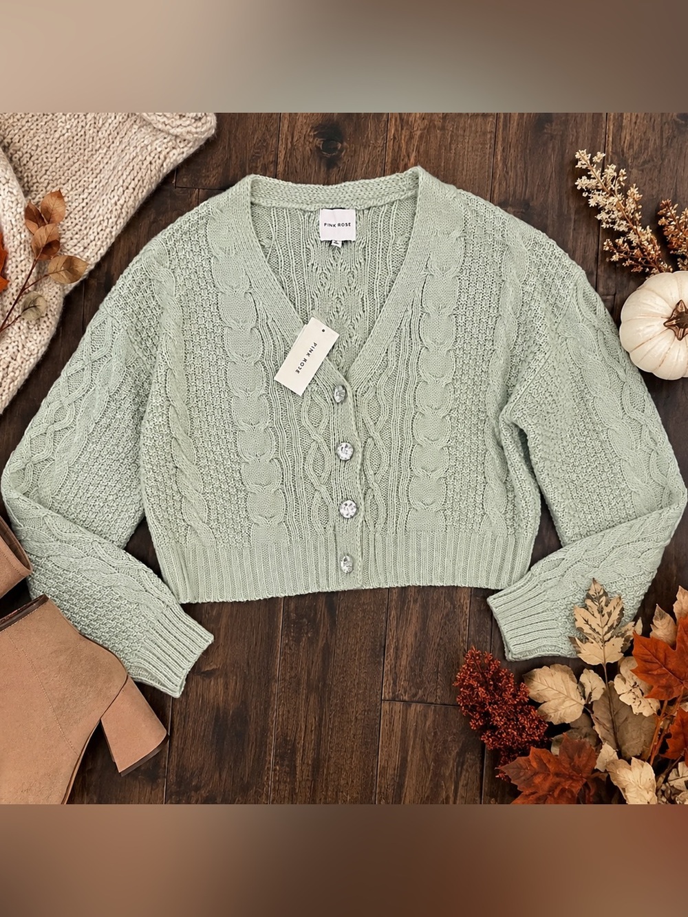 NWT Pink Rose Sage Green Cable Knit Cropped Cardigan Sweater Size M